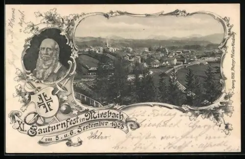 AK Miesbach, XI. Gauturnfest Miesbach 1903, Ortsansicht aus der Vogelschau