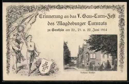AK Genthin, V. Gau-Turnfest des Magdeburger Turnrats 1914, Rathaus