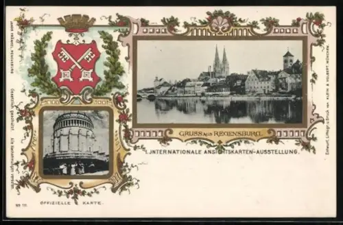 AK Ganzsache PP15 D63 /01: Regensburg, I. Internationale Ansichtskarten-Ausstellung, Teilansicht, Wappen