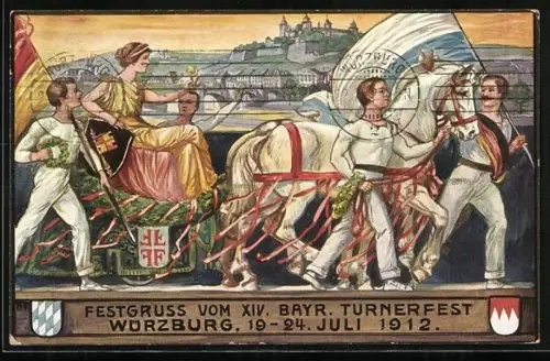 Künstler-AK Würzburg, XIV. Bayr. Turnfest 1912, Festzug, Ganzsache Bayern