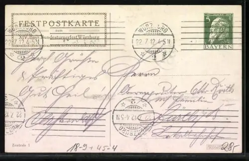 Künstler-AK Würzburg, XIV. Bayr. Turnfest 1912, Festzug, Ganzsache Bayern