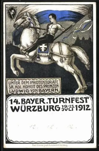 Künstler-AK Würzburg, 14. Bayer. Turnfest 1912, Turner auf Pferd, Ganzsache Bayern