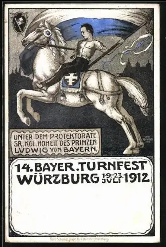 Künstler-AK Würzburg, 14. Bayer. Turnfest 1912, Turner zu Pferd mit Fahne, Ganzsache Bayern