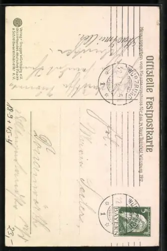 Künstler-AK Würzburg, 14. Bayer. Turnfest 1912, Turner zu Pferd mit Fahne, Ganzsache Bayern