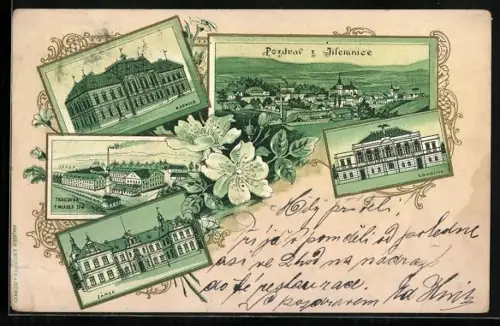 Lithographie Jilemnice, Celkovy pohled, Sokolna, Radnice, Tkalcovna F. Mladek Syn, Zàmek