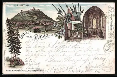 Lithographie Bösia a d. B. N. B., Altar im Klosterhof, Kirchenruine