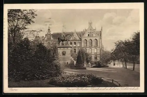 AK Gera, Kaiser Wilhelm-Denkmal, höhere Töchterschule