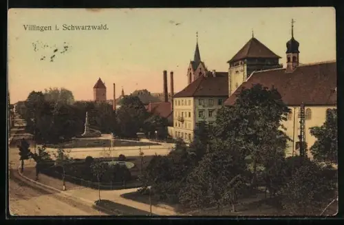 AK Villingen i. Schwarzwald, Stadtansicht mit Brunnen