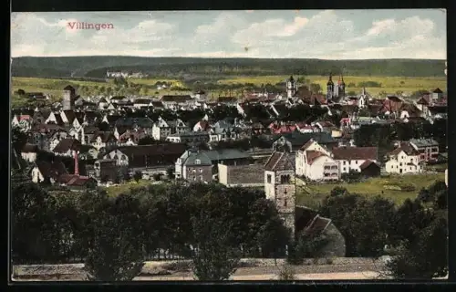 AK Villingen / Baden, Ortsansicht mit Kirche und Stadtturm
