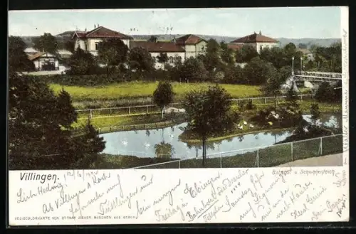 AK Villingen / Baden, Bahnhofsgebäude und Schwanenteich