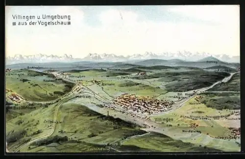 Künstler-AK Villingen / Baden, Umgebung aus der Vogelschau