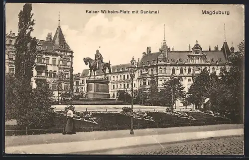 AK Magdeburg, Kaiser Wilhelm-Platz mit Denkmal
