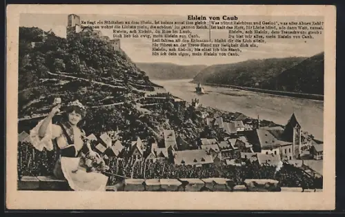 AK Caub am Rhein, Rheinpanorama, Gedicht Elslein von Caub