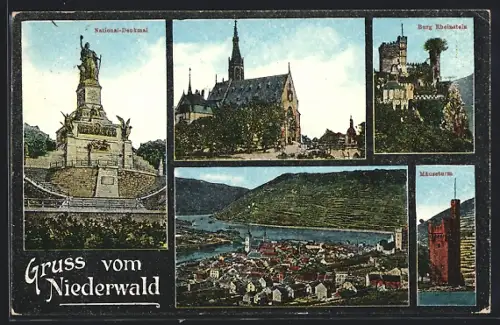 AK Niederwald / Rüdesheim, National-Denkmal, Burg Rheinstein, Mäuseturm