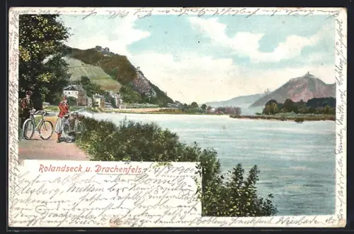 Lithographie Rolandseck, Flusspartie mit Drachenfels