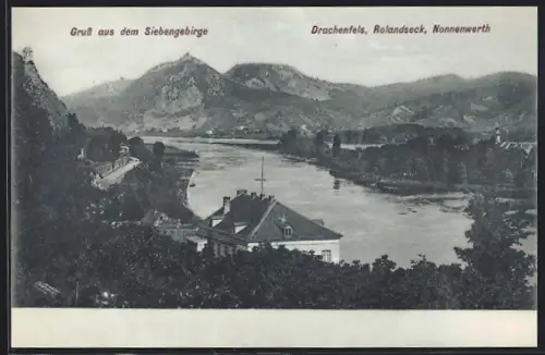 AK Rolandseck / Siebengebirge, Ortsansicht mit Drachenfels und Nonnenwerth
