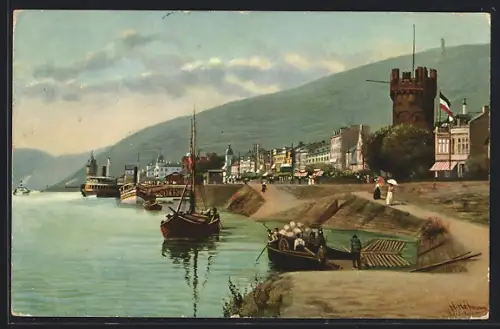 AK Bingen a. Rh., Rheinufer, Mäuseturm, Burg Klopp