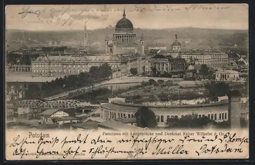 AK Potsdam, Panorama mit Langenbrücke und Denkmal Kaiser Wilhelm d. Gr