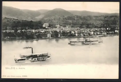 AK Salzig a. Rhein, Ortsansicht mit Dampfschiffen auf dem Rhein