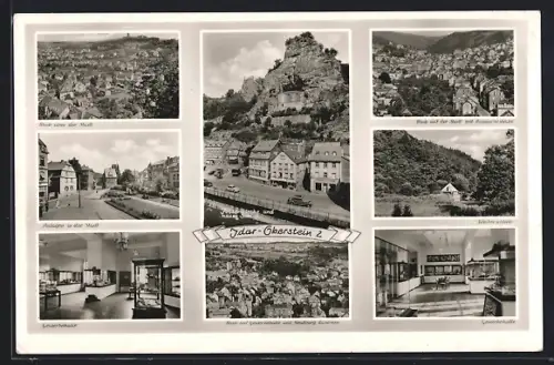 AK Idar-Oberstein, Blick auf Felsenkirche, Gewerbehalle, Weiherschleife, Strassburg-Kasernen