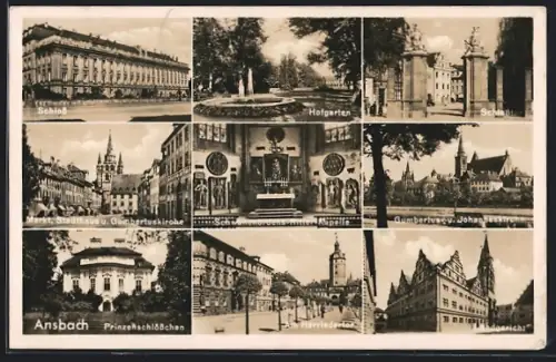 AK Ansbach, Schloss, Hofgarten, Marktplatz, Gumbertuskirche, Prinzenschlösschen, Herriedertor