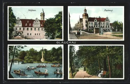 AK Glauchau, Schloss, Postamt, Gründelteich, Anlagen