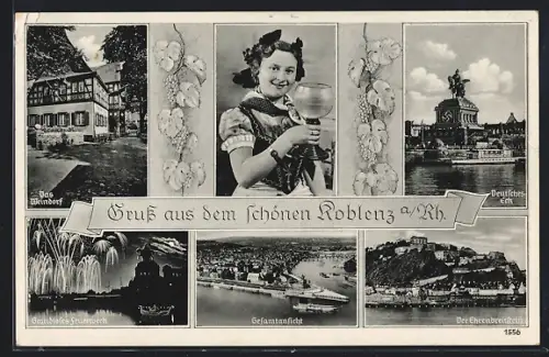 AK Koblenz a. Rh., Deutsches Eck, Das Weindorf, Ehrenbreitstein, Frau mit Weinglas