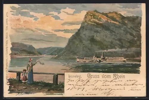 Lithographie Loreley /Rhein, Rheinansicht mit Dampfschiff und Felsen