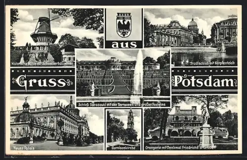 AK Potsdam, Schloss Sanssouci, Neues Palais, Garnisonkirche, Windmühle