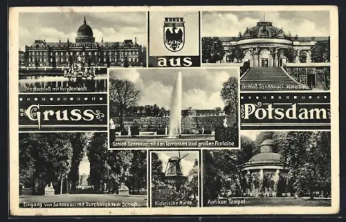 AK Potsdam, Schloss Sanssouci, Stadtschloss, Historische Mühle, Antiker Tempel