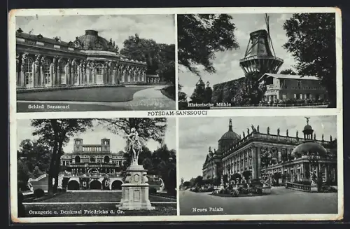 AK Potsdam, Schloss Sanssouci, Historische Mühle, Orangerie, Neues Palais