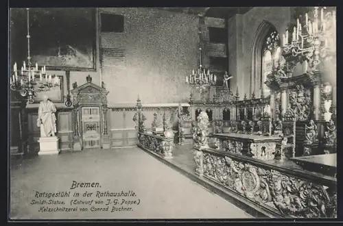 AK Bremen, Ratsgestühl in der Rathaushalle, Smidt-Statue, Holzschnitzerei