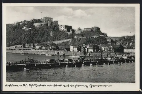 AK Koblenz a. Rh., Schiffsbrücke, Rhein, Festung Ehrenbreitstein