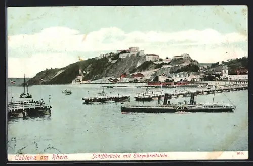 AK Coblenz am Rhein, Schiffbrücke, Ehrenbreitstein