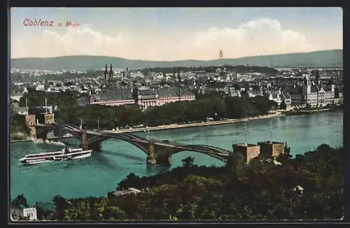 AK Coblenz a. Rhein, Rheinbrücke, Dampfschiff, Stadtpanorama