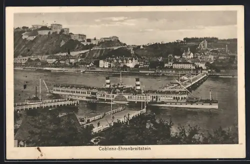 AK Coblenz-Ehrenbreitstein, Dampfer, Festung Ehrenbreitstein, Rheinansicht