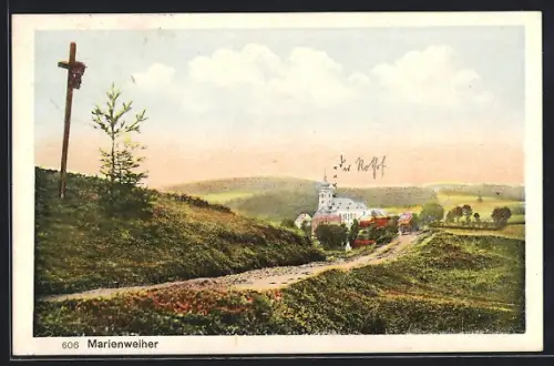 AK Marienweiher, Blick auf Kirche und Ort