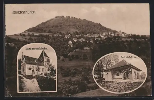 AK Hohenstaufen, Barbarossakirche, Schutzhütte, Ortsansicht
