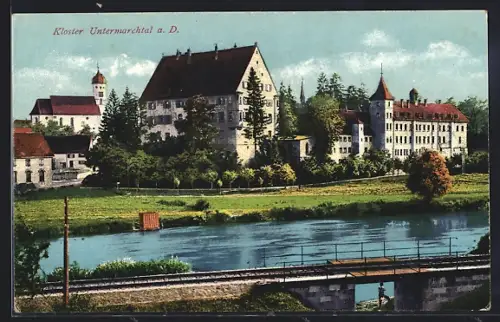 AK Untermarchtal a. D., Kloster, Flusspartie, Brücke