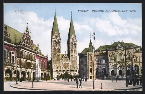 AK Bremen, Marktplatz mit Rathaus, Dom, Börse