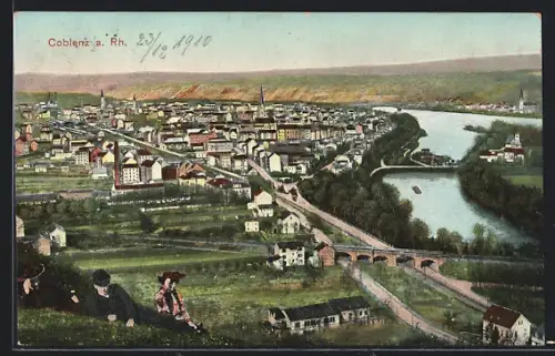 AK Coblenz a. Rh., Stadtansicht mit Rhein und Brücken