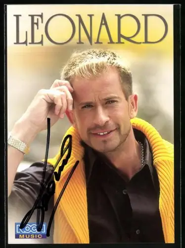 AK Musiker Leonard in gelber Weste, Autograph
