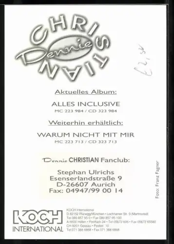 AK Sänger Dennie Christian lächelt den Betrachter an, Autograph