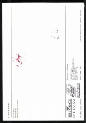 AK Musiker-Duo Klaus und Klaus mit blauen Perücken und Sonnenbrillen, Autographen