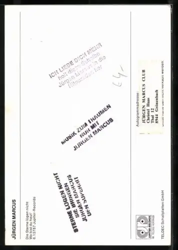 AK Musiker Jürgen Marcus in weissem Anzug, Autograph