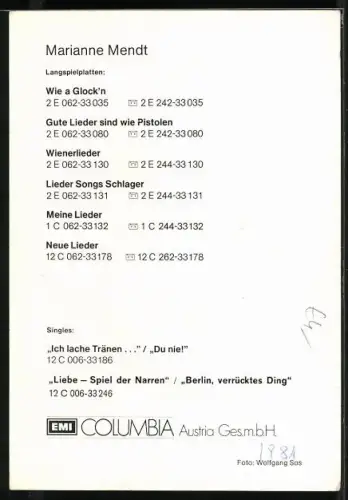 AK Musikerin Marianne Mendt im Portrait, Autograph