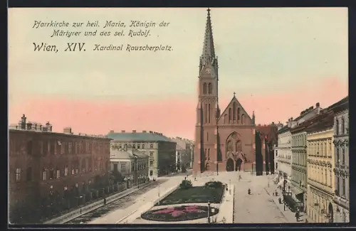 AK Wien, Kardinal Rauscherplatz mit Pfarrkirche zur heiligen Maria, Königin der Märtyrer und des sel. Rudolf