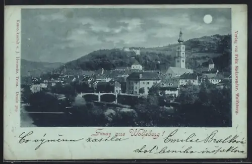 Mondschein-AK Wolfsberg /Kärnten, Teilansicht mit KIrche
