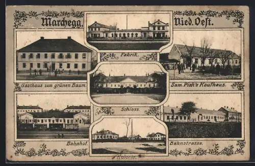 AK Marchegg, Gasthaus zum grünen Baum, Fabrik, Sam. Pisk`s Kaufhaus & Bahnhof