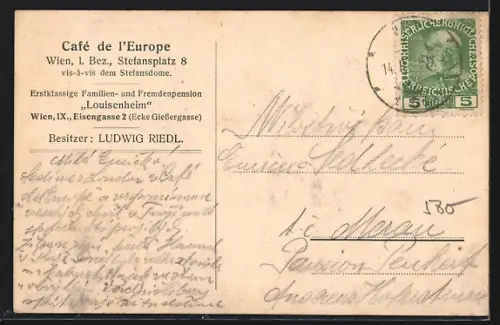 AK Wien, Cafe de l`Europe, Stefansplatz 8, Ludwig Riedl, Kirche